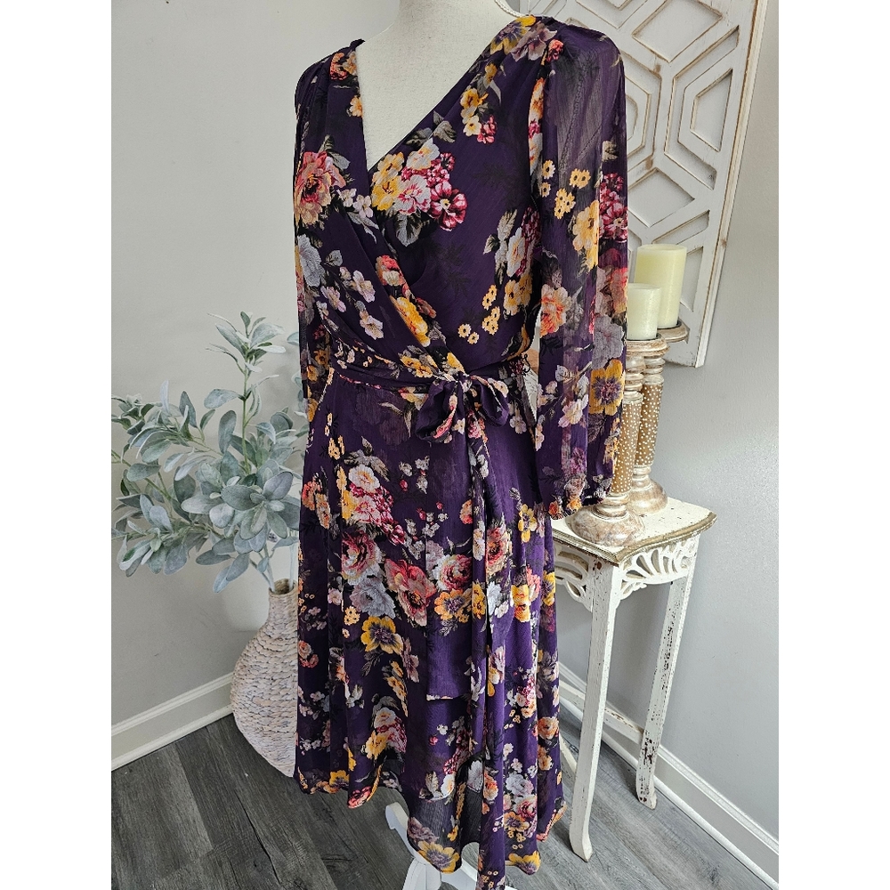 DKNY Purple Floral Print Chiffon Faux Wrap Puff Sleeve Midi Dress Size 10